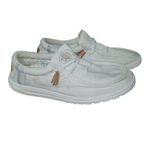 Hey Dude Wally Linen Boat Shoes Mens Size 10 White Canvas Casual Slip On Loafers